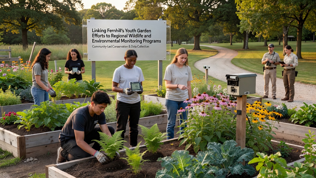 Fernhill garden plots showing labeled plant rows and observation stations used for environmental data gathering